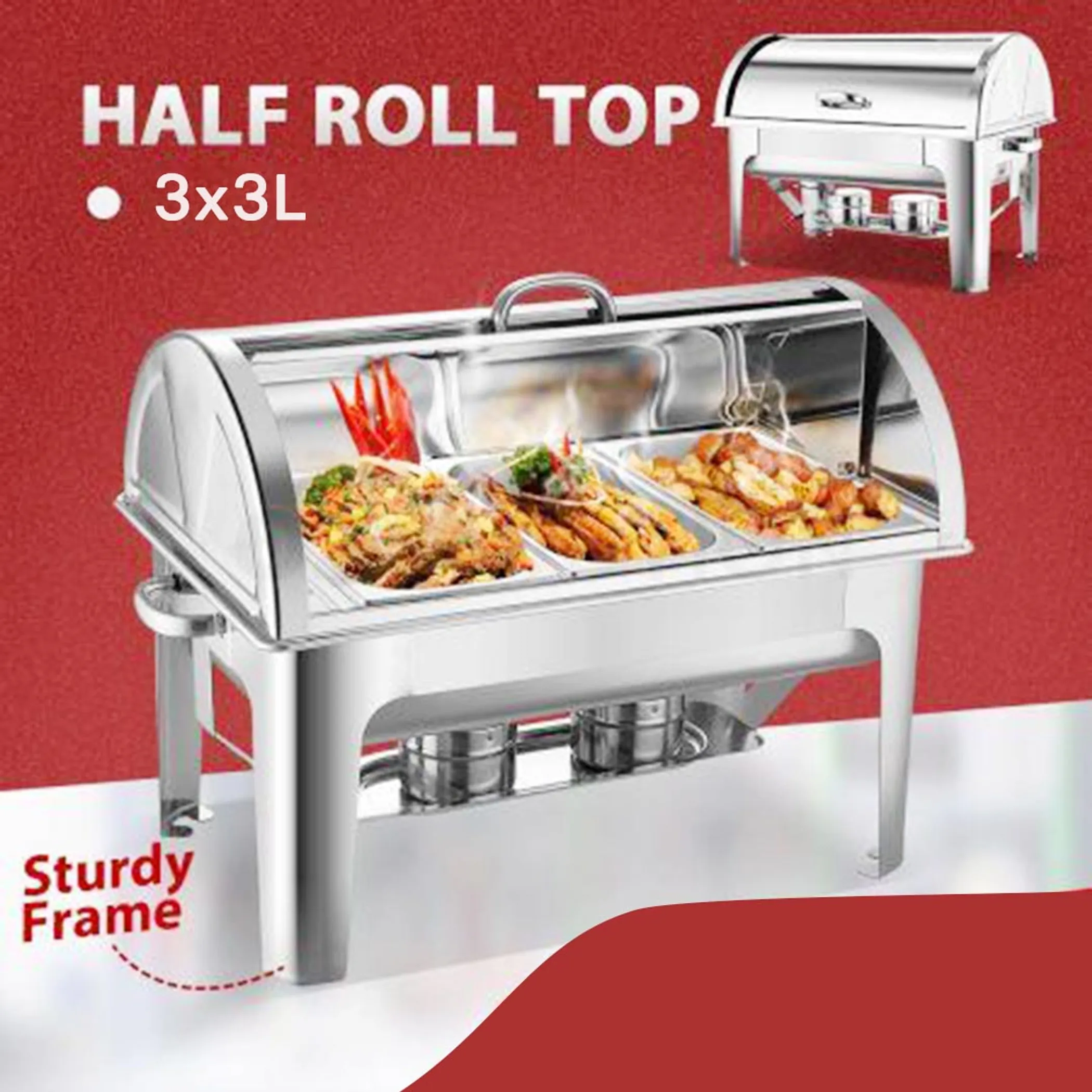 L Triple Tray Stainless Steel Roll Top Chafing Dish Food Warmer - Image 3