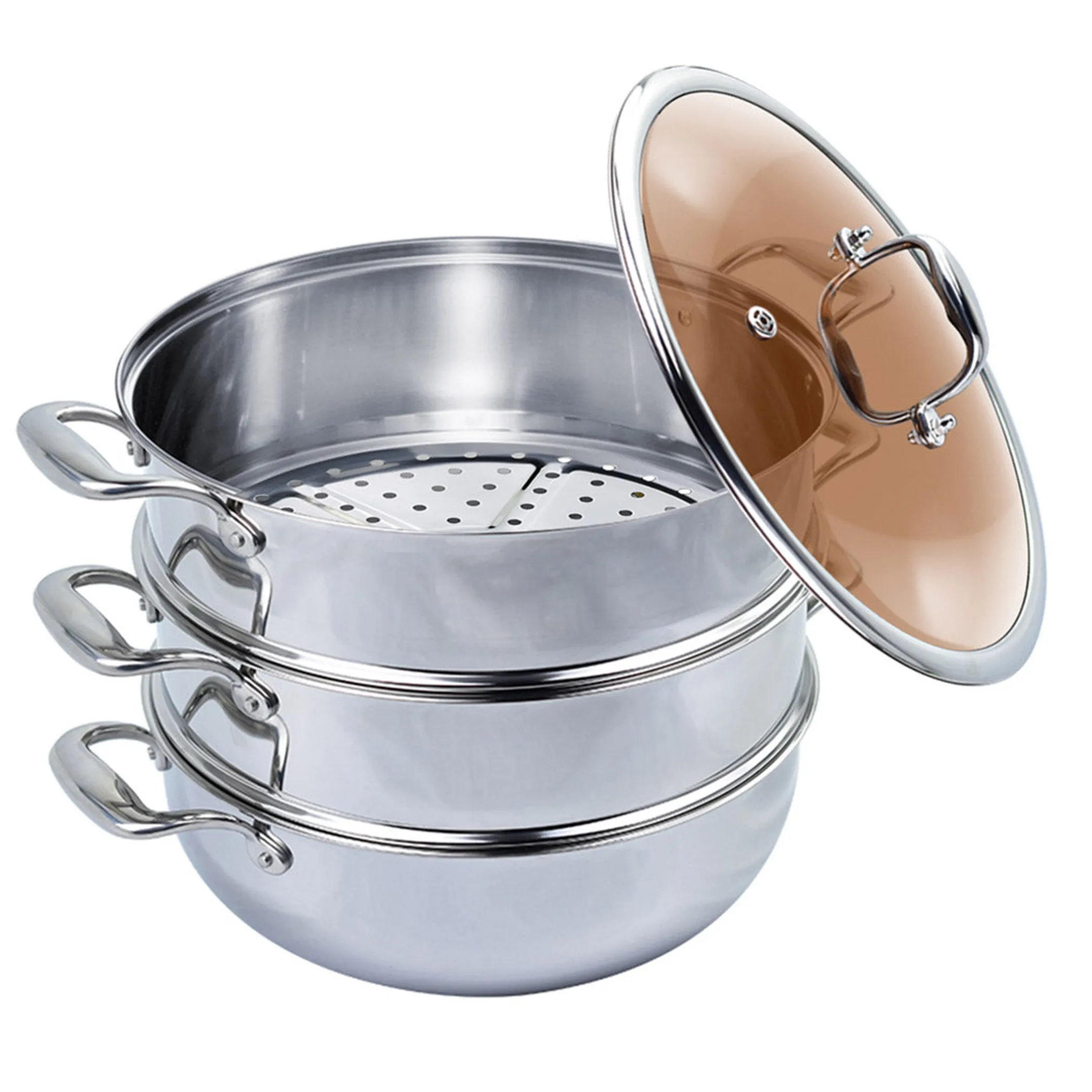 Tier Heavy Duty Stainless Steel Food Steamer Vegetable Pot Stackable Pan Insert with Glass Lid