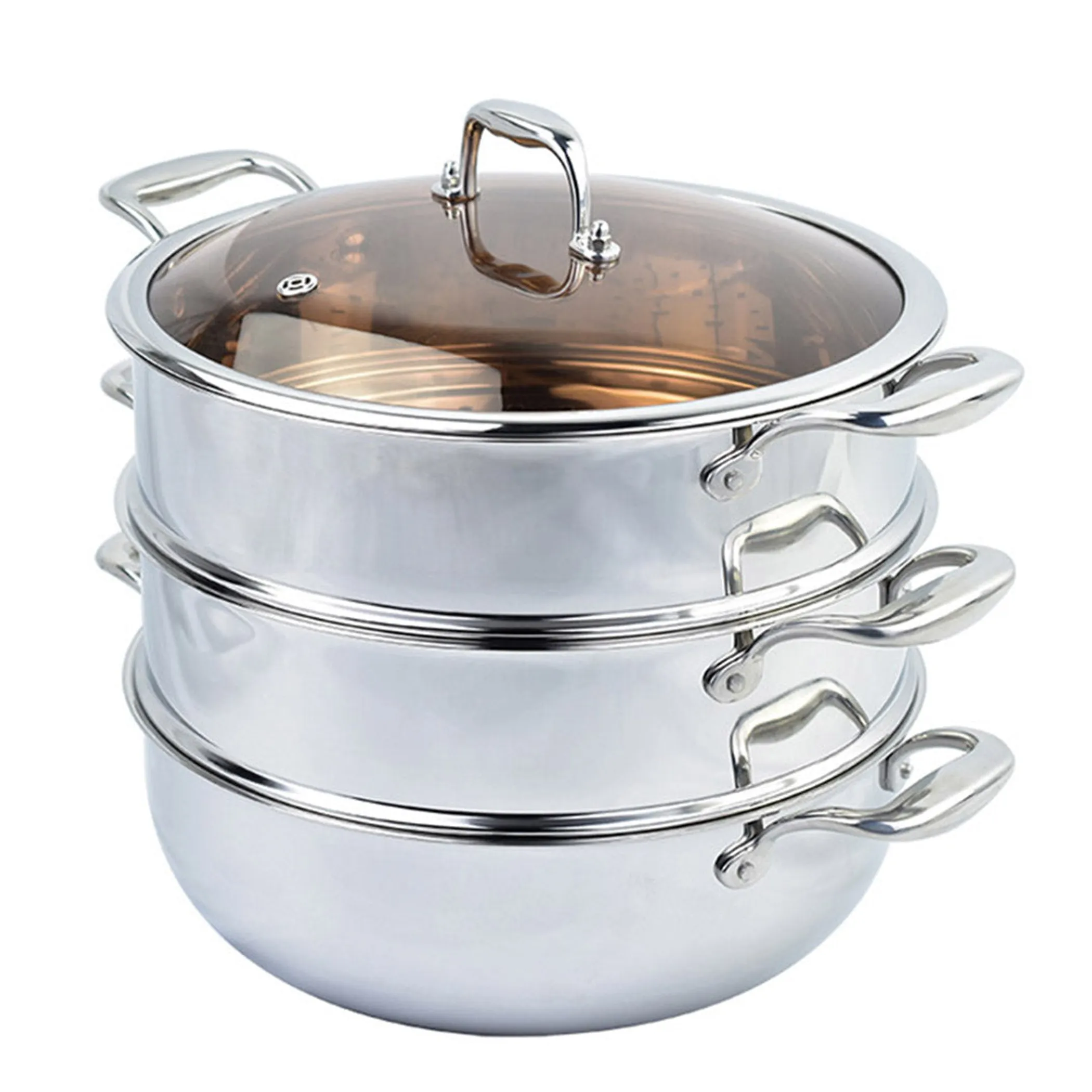 Tier Heavy Duty Stainless Steel Food Steamer Vegetable Pot Stackable Pan Insert with Glass Lid - Image 4