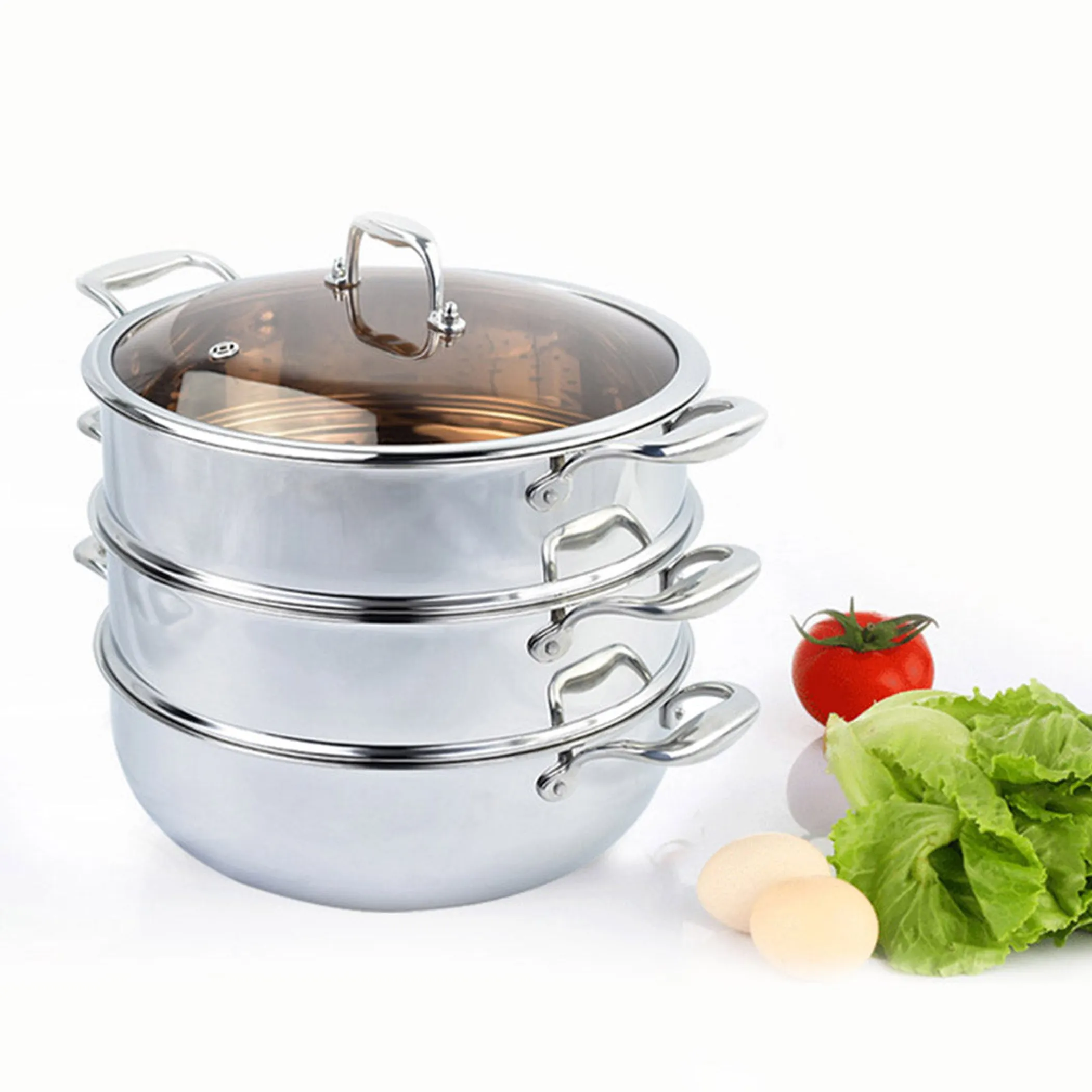 Tier Heavy Duty Stainless Steel Food Steamer Vegetable Pot Stackable Pan Insert with Glass Lid - Image 5