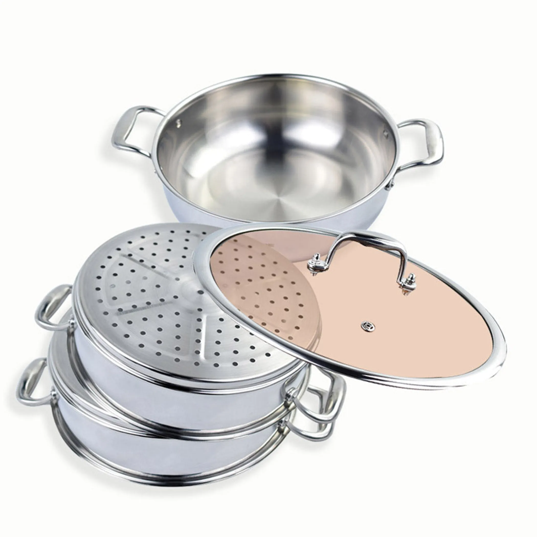 Tier Heavy Duty Stainless Steel Food Steamer Vegetable Pot Stackable Pan Insert with Glass Lid - Image 6