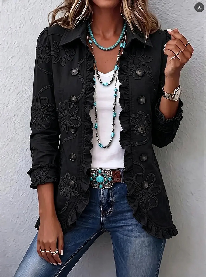 Double-breasted Ruffled Slim-fit Digital Printed Jacket - Image 8