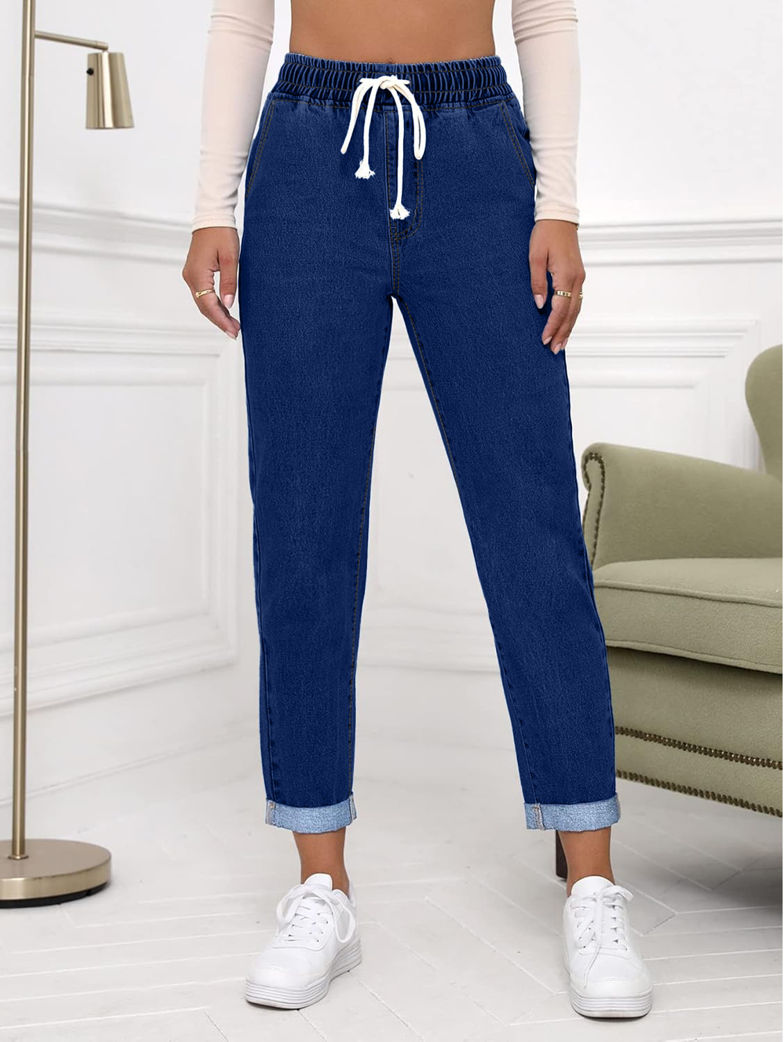 Women Casual Cropped Tapered Denim Pants - Image 4