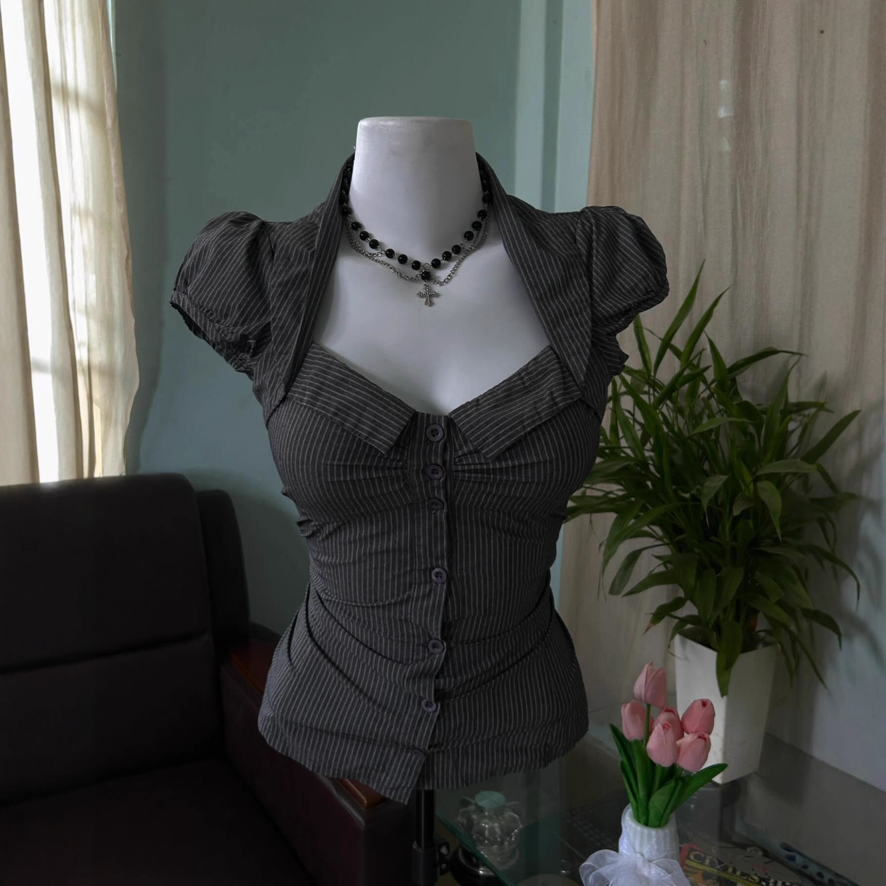 Womens Retro Striped Sleeveless Shirt - Image 3