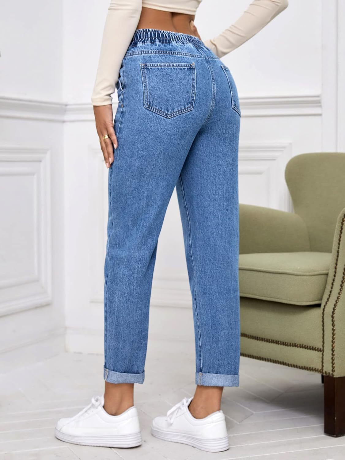 Women Casual Cropped Tapered Denim Pants - Image 3