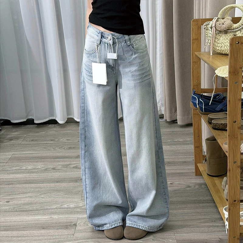 Retro Blue High-Waist Wide-Leg Distressed Denim Jeans for Women - Image 2