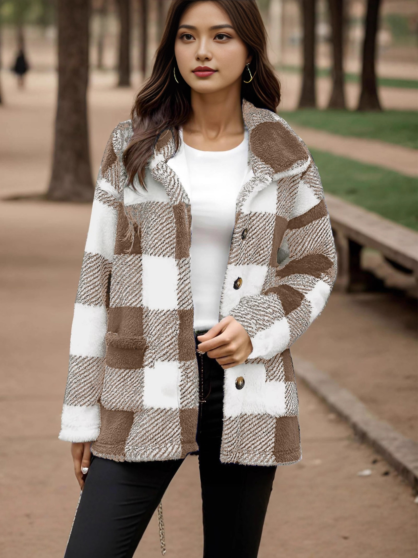 Women's Plaid Plush Coat With Pockets And Buttons - Image 7