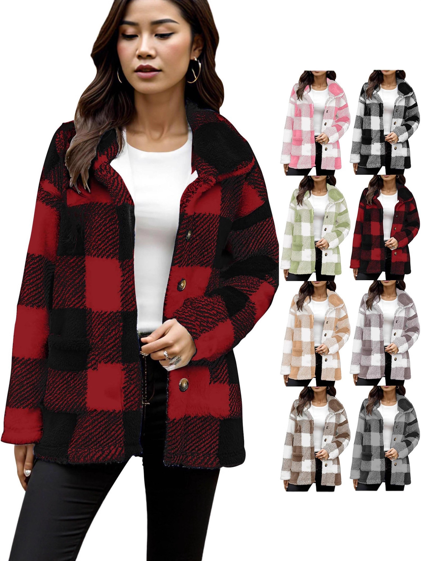 Women's Plaid Plush Coat With Pockets And Buttons - Image 6