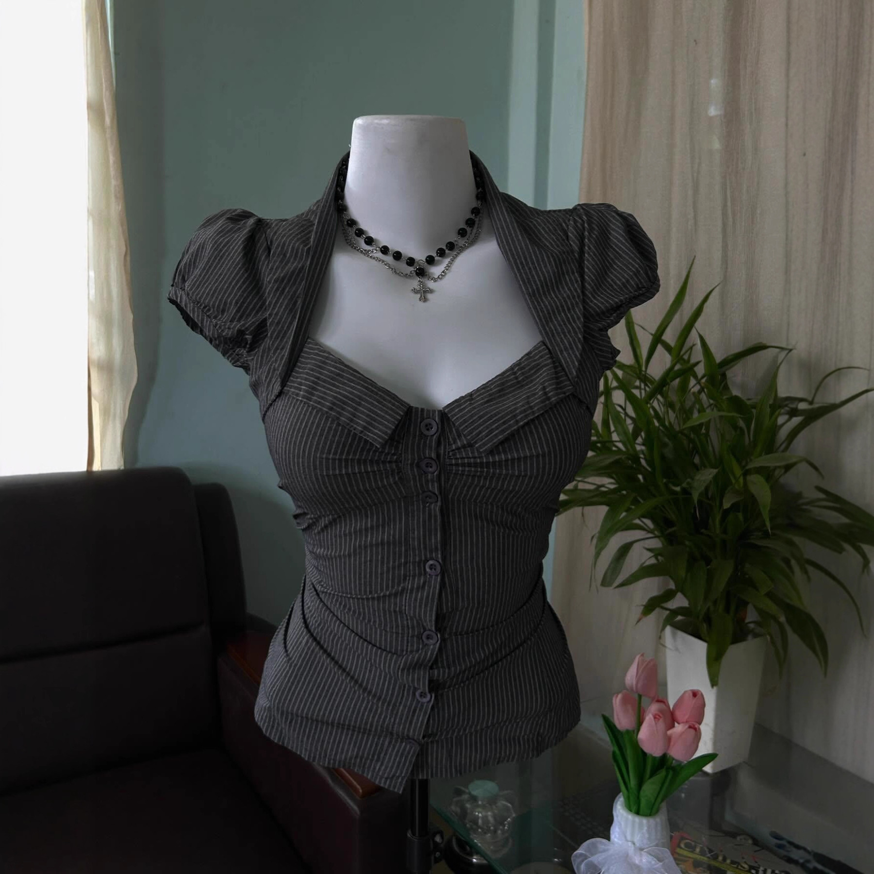 Womens Retro Striped Sleeveless Shirt - Image 2