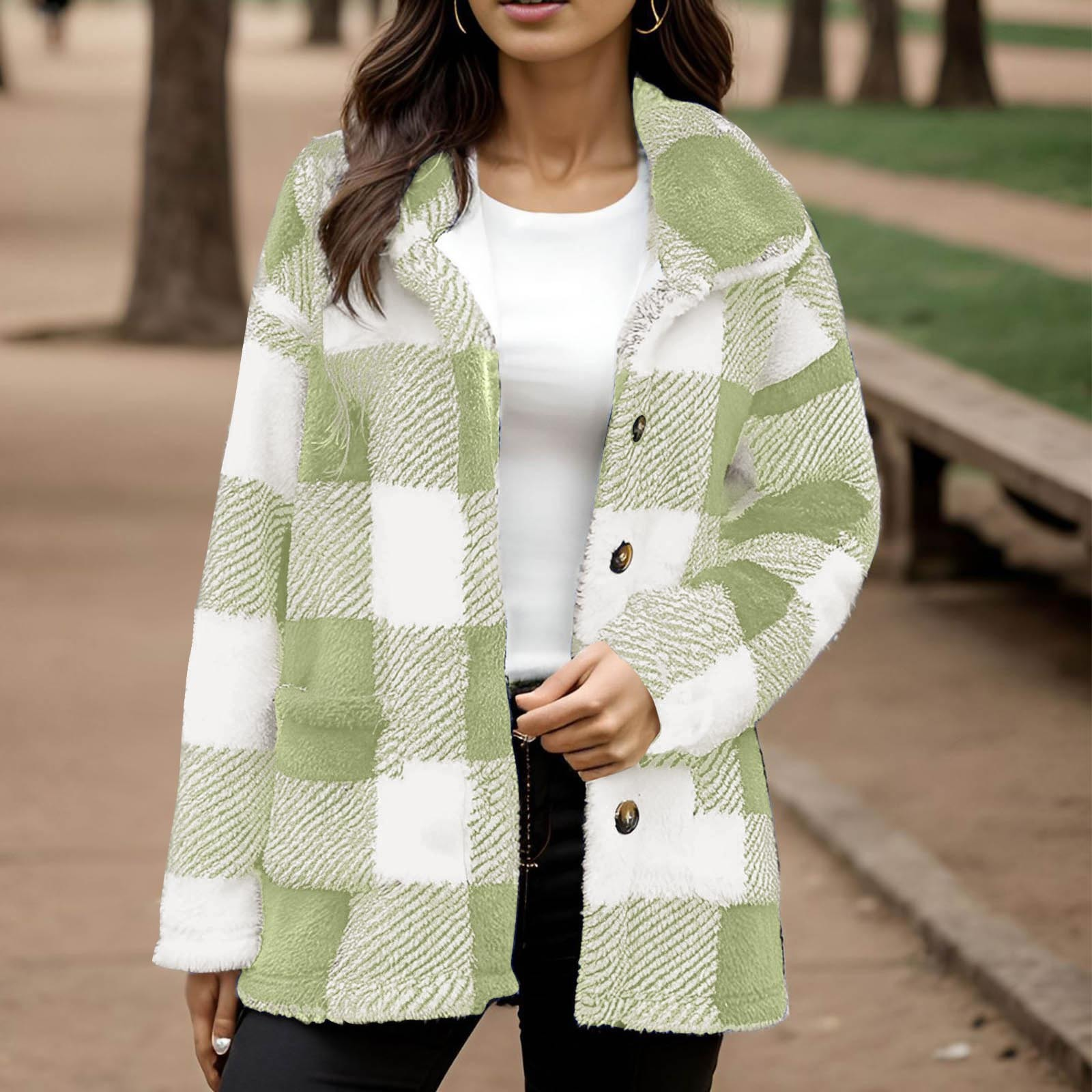Women's Plaid Plush Coat With Pockets And Buttons - Image 10