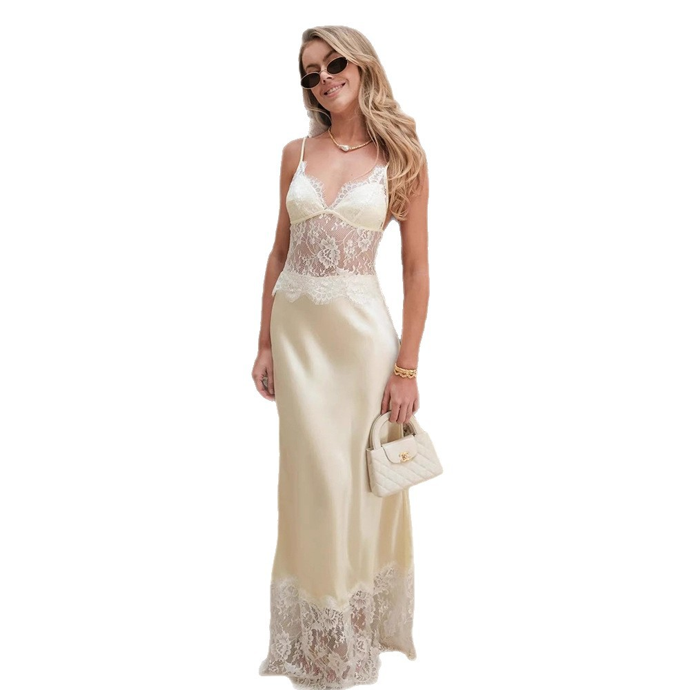 sexy strapless lace-embroidered long dress
