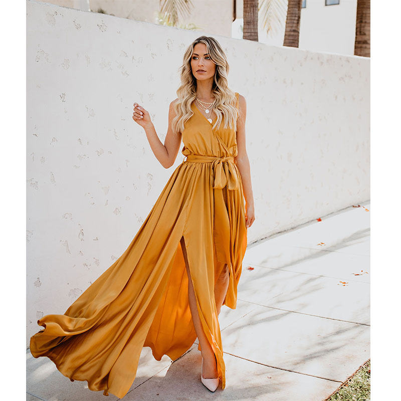 Cross-Border Plus-Size Women's New Bohemian Style Solid Color V-Neck Sleeveless High-Slit Plus-Size Long Dress - Image 3