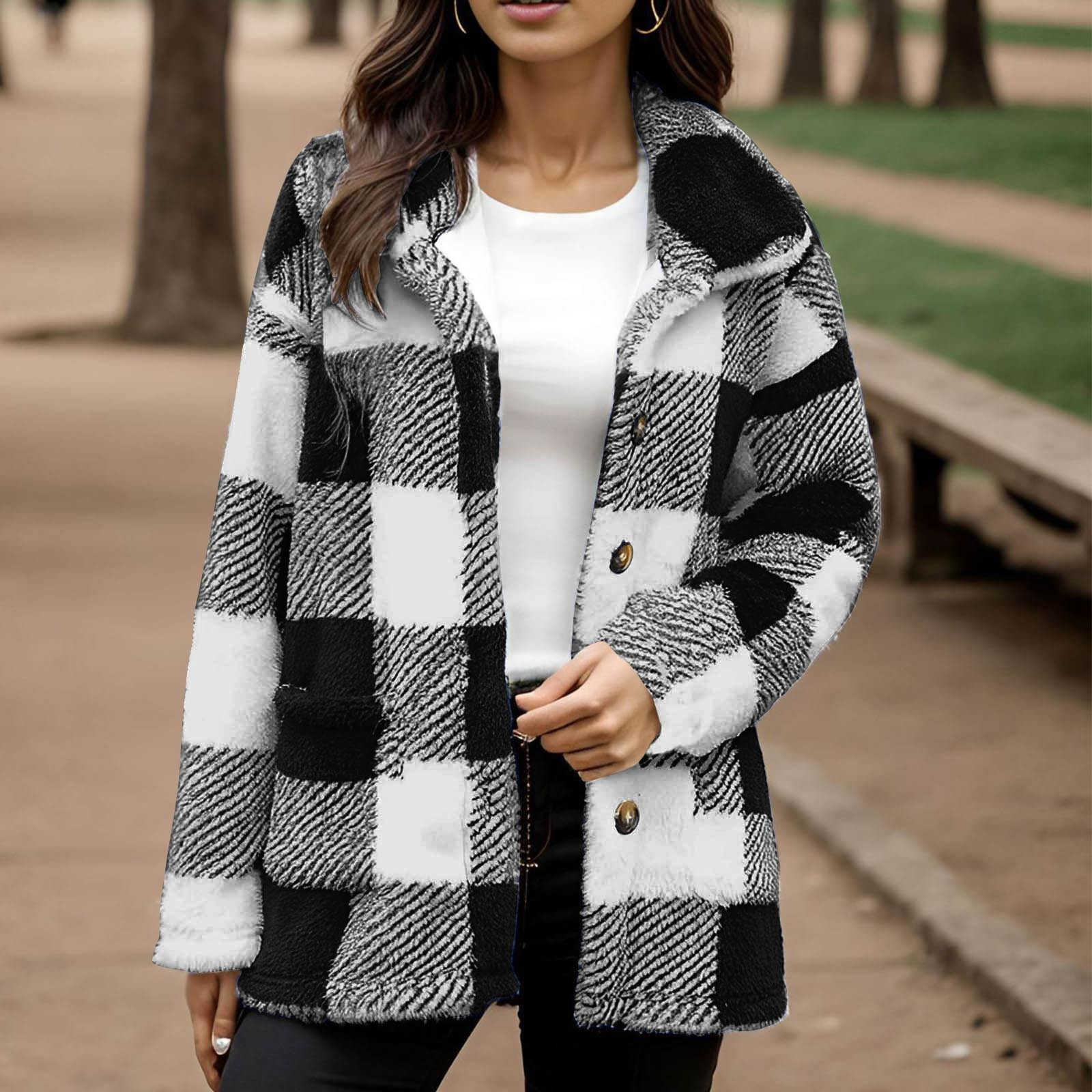 Women's Plaid Plush Coat With Pockets And Buttons - Image 9
