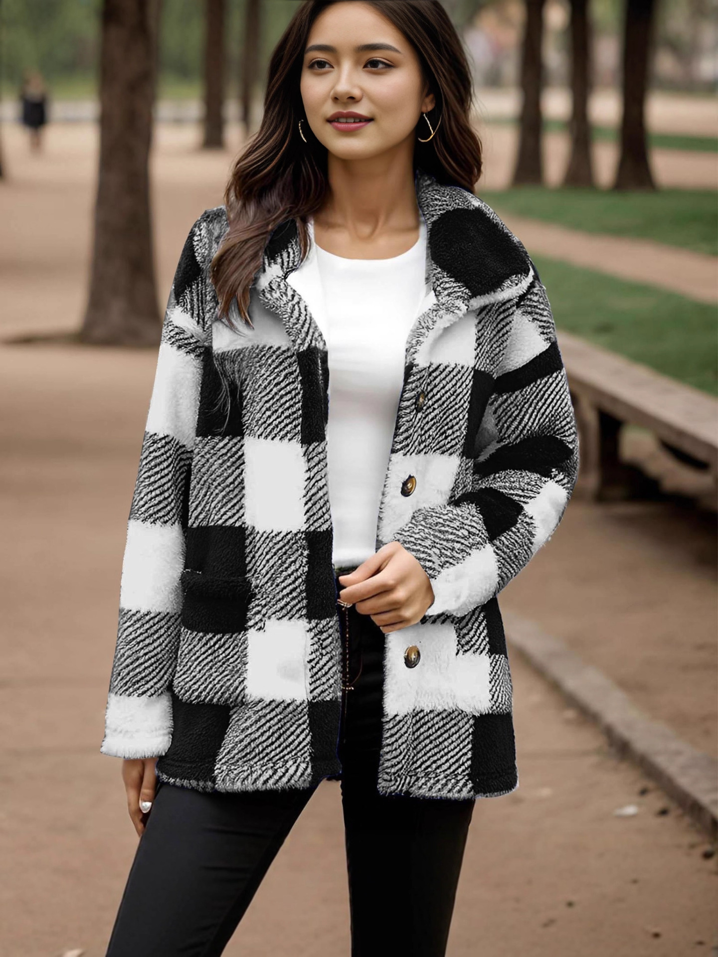 Women's Plaid Plush Coat With Pockets And Buttons - Image 5