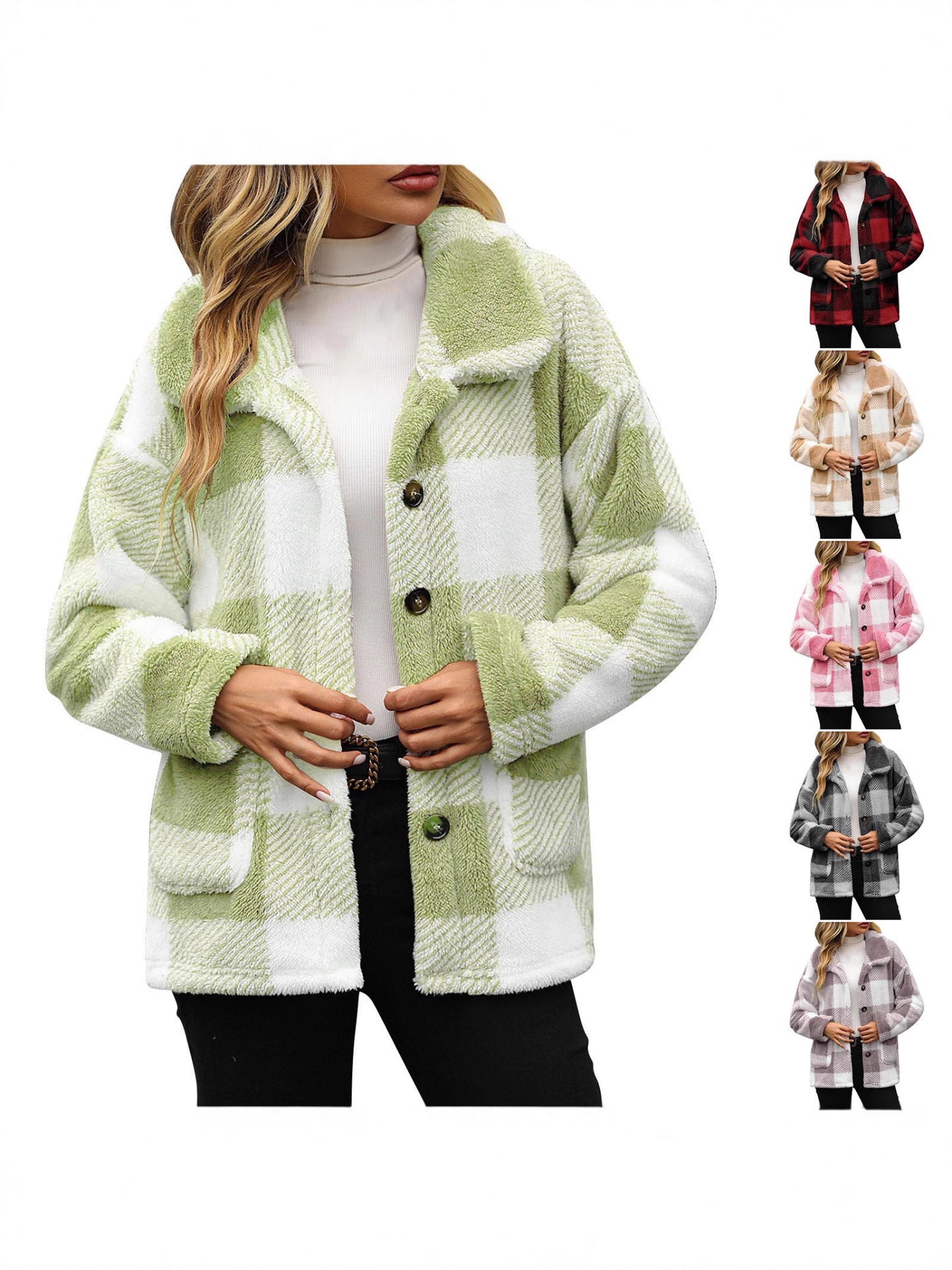 Women's Plaid Plush Coat With Pockets And Buttons - Image 3