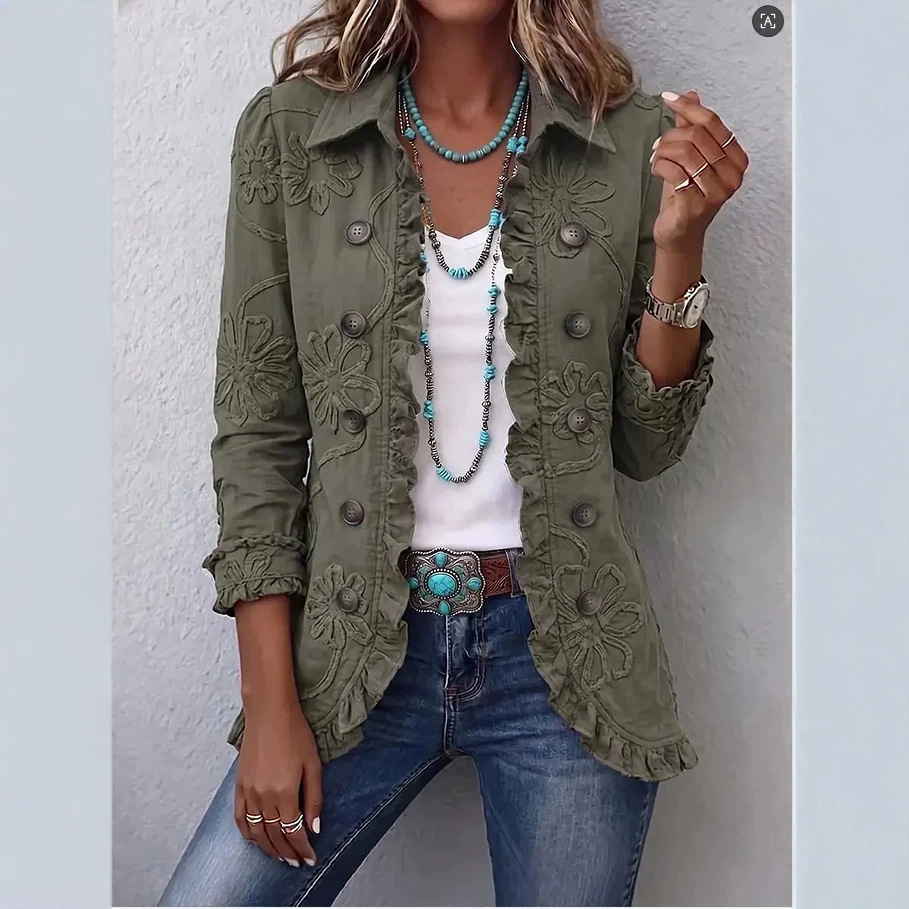 Double-breasted Ruffled Slim-fit Digital Printed Jacket - Image 9
