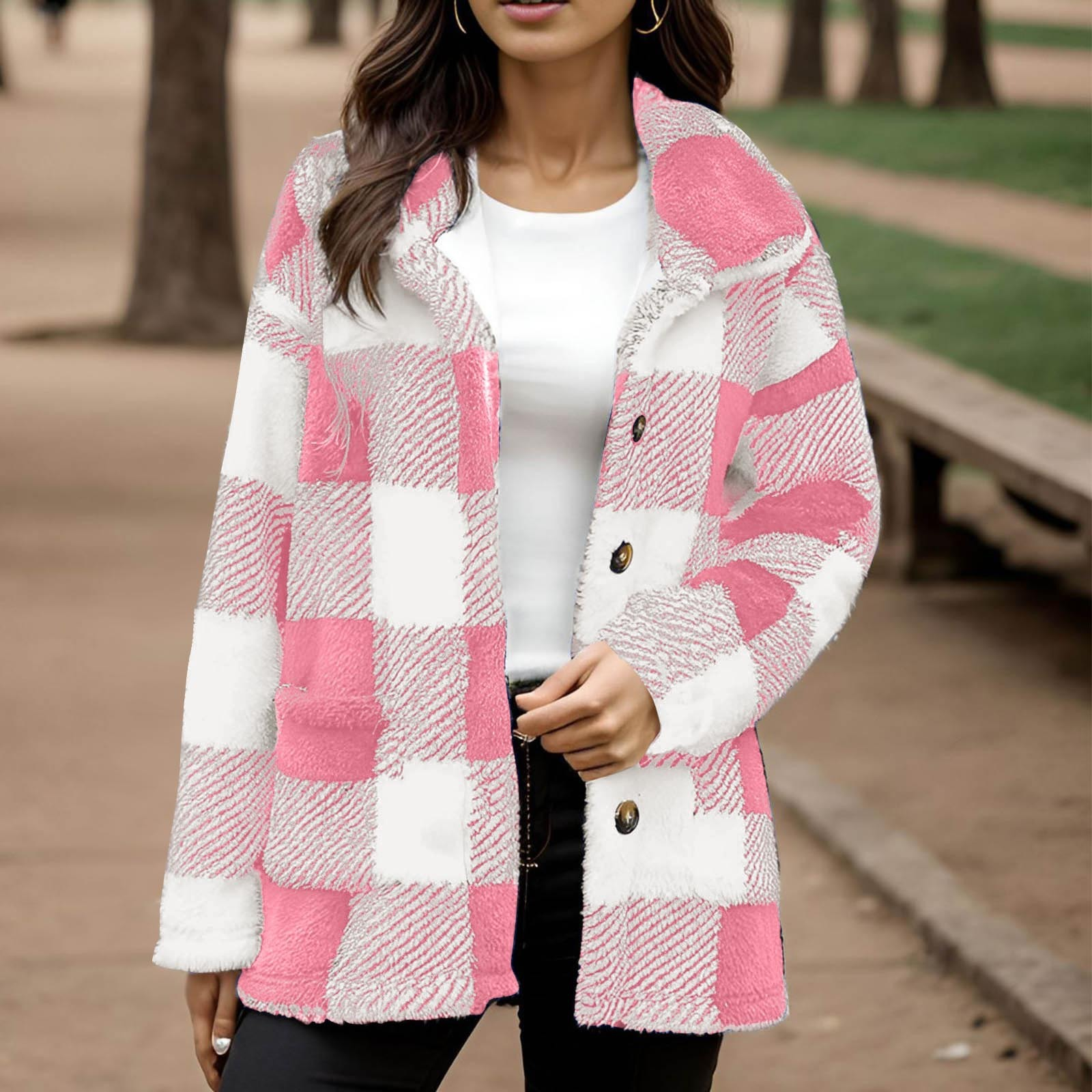 Women's Plaid Plush Coat With Pockets And Buttons - Image 2