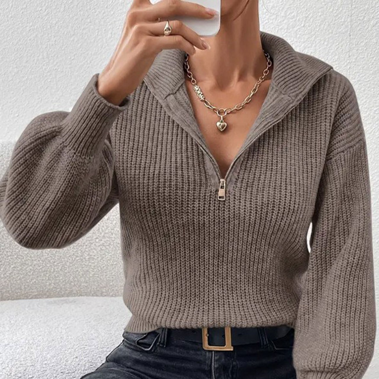 Solid Color Polo Collar Zipper Long Sleeve Knit Sweater for Women
