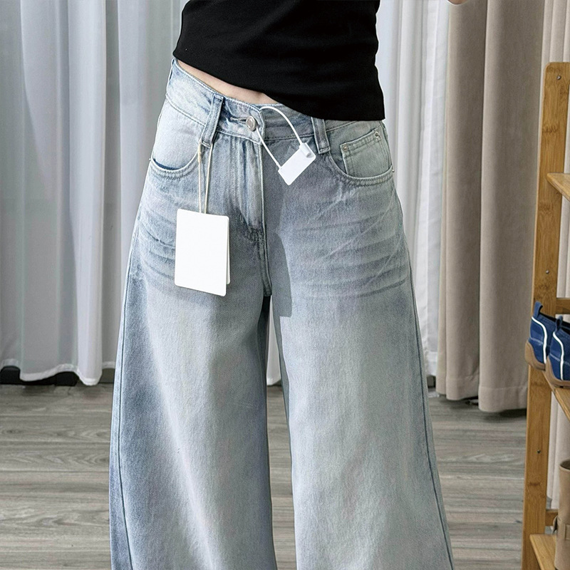 Retro Blue High-Waist Wide-Leg Distressed Denim Jeans for Women - Image 4