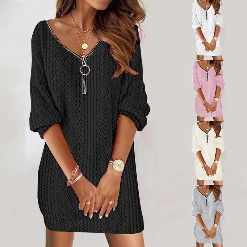 Women's Solid V-Neck Knitted Long Sleeve Midi Pencil Dress - Image 2