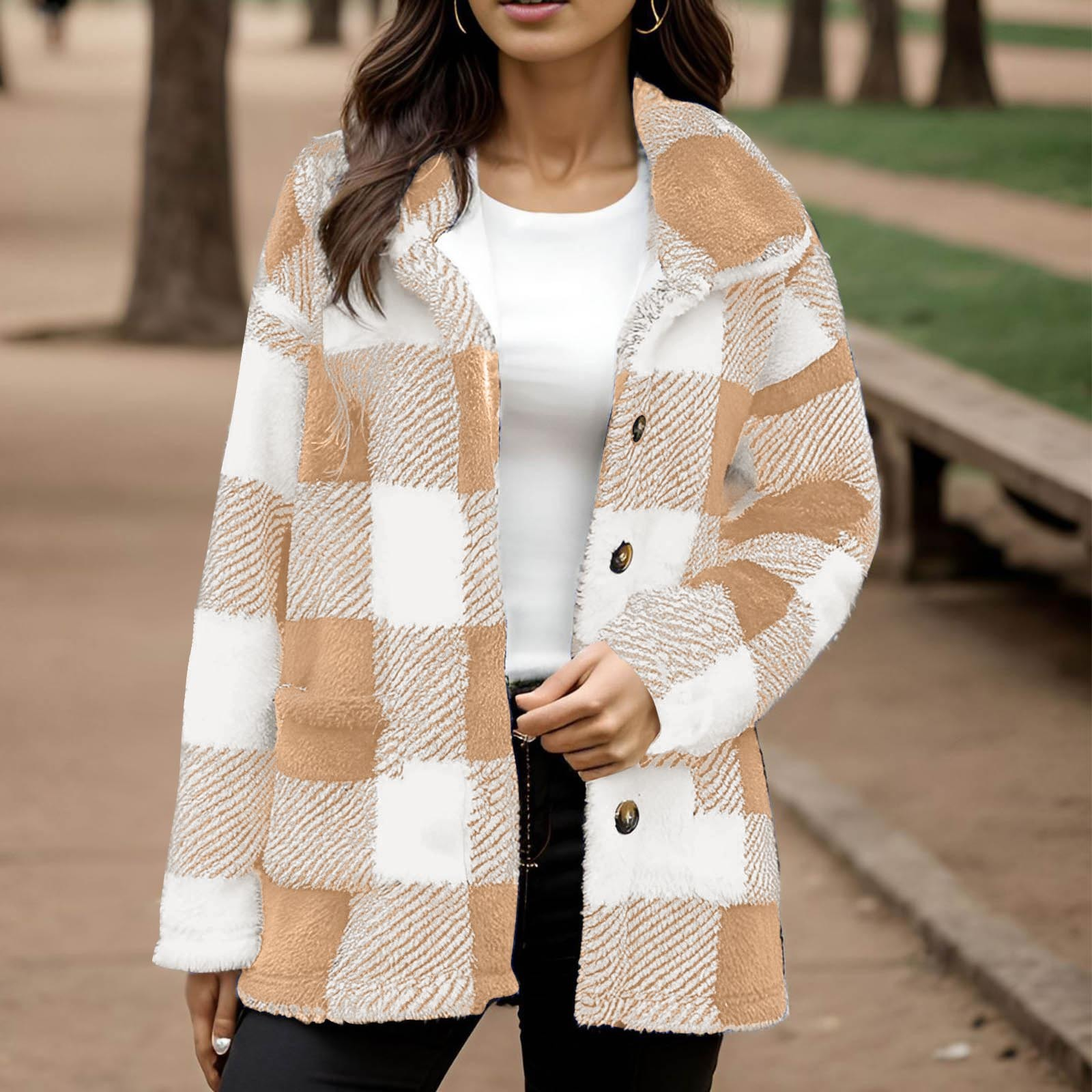 Women's Plaid Plush Coat With Pockets And Buttons - Image 4