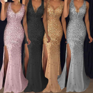 2027 New European and American  Long Dress with Straps, V-Neck, Slit, and Gold Embellishments