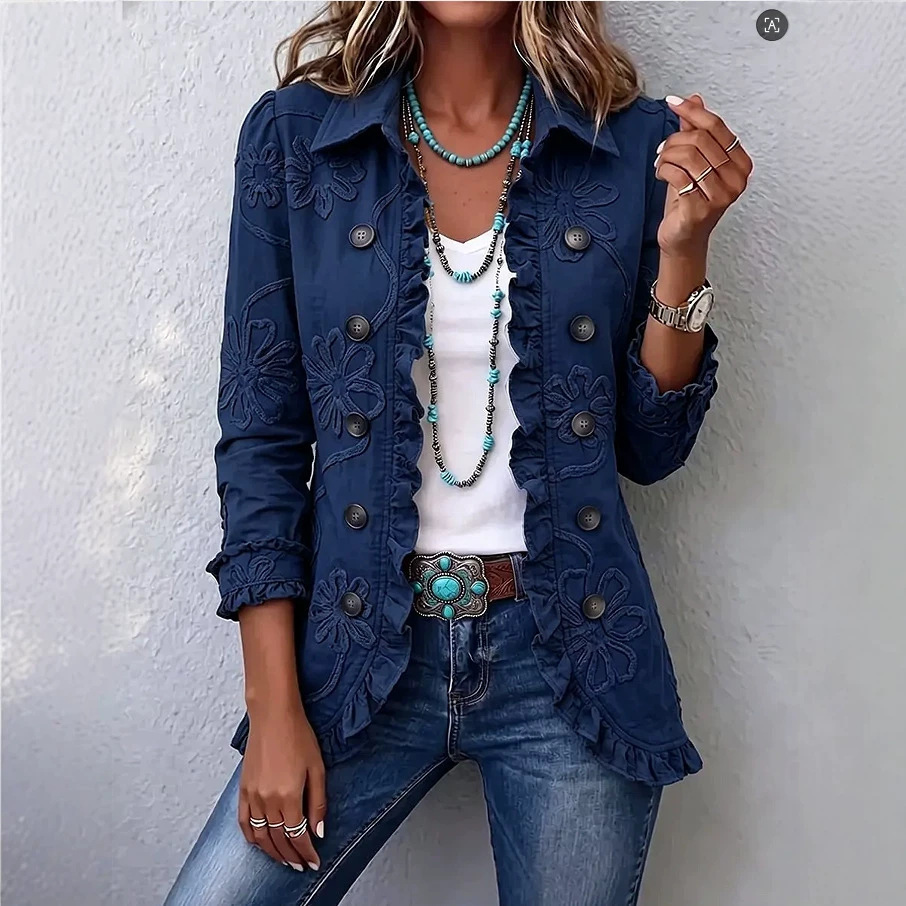 Double-breasted Ruffled Slim-fit Digital Printed Jacket - Image 4