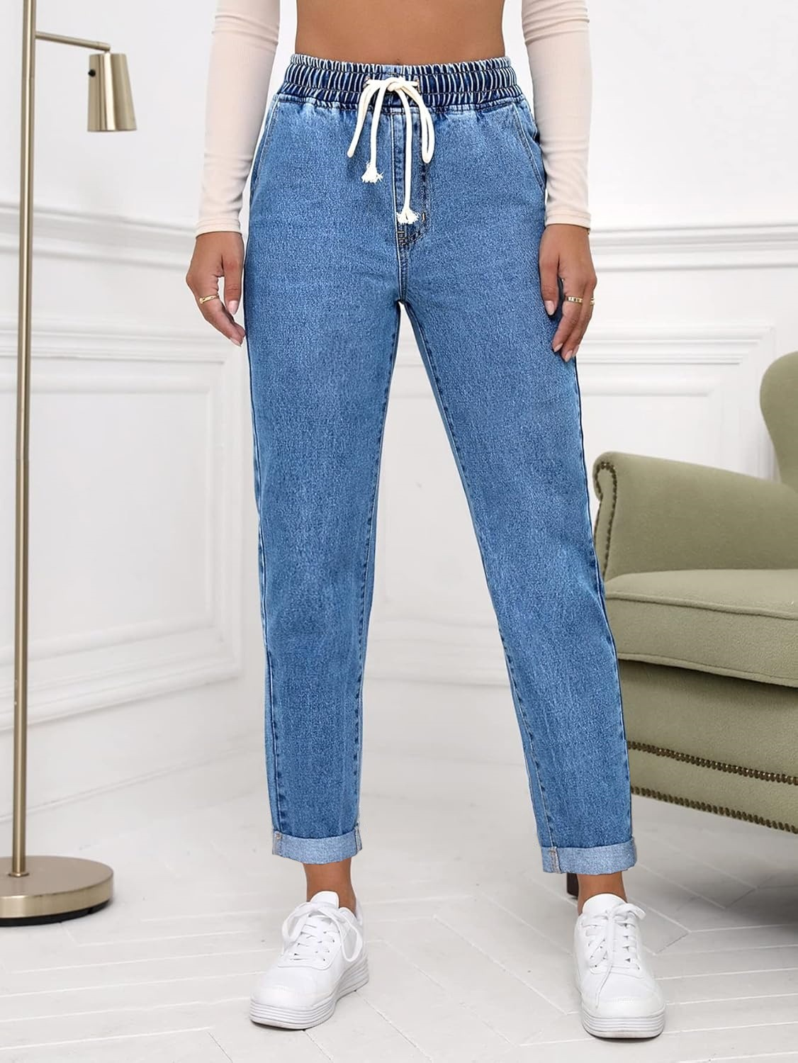 Women Casual Cropped Tapered Denim Pants - Image 2
