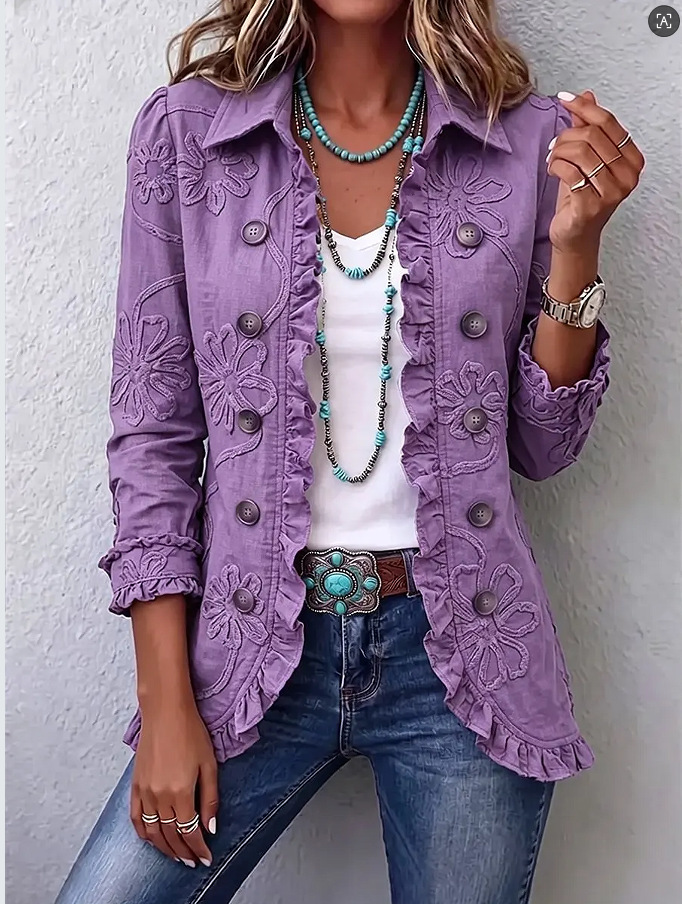 Double-breasted Ruffled Slim-fit Digital Printed Jacket - Image 2