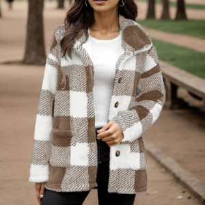 Women's Plaid Plush Coat With Pockets And Buttons