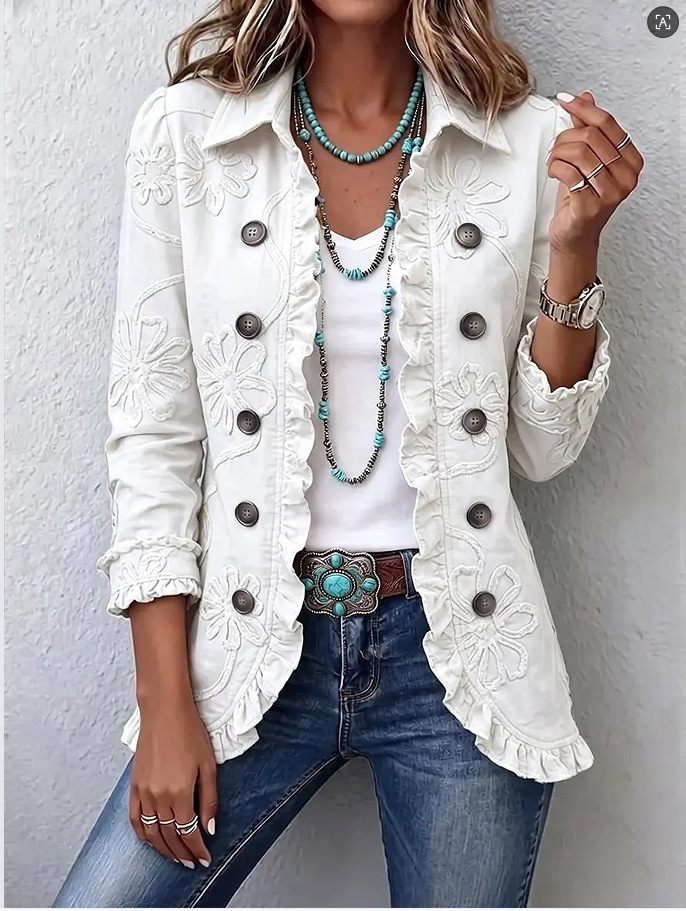 Double-breasted Ruffled Slim-fit Digital Printed Jacket - Image 5
