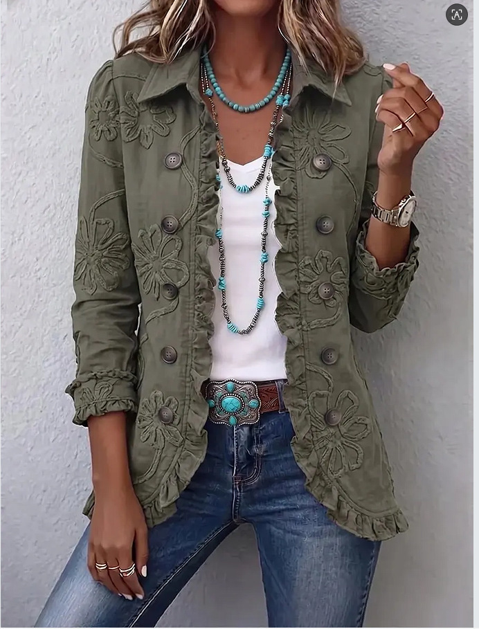Double-breasted Ruffled Slim-fit Digital Printed Jacket - Image 6