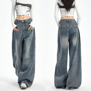 Plus Size High-Waist Wide-Leg Vintage Blue Denim Jeans