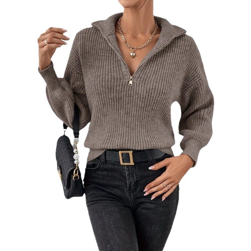 Solid Color Polo Collar Zipper Long Sleeve Knit Sweater for Women - Image 4