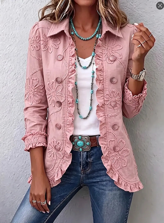 Double-breasted Ruffled Slim-fit Digital Printed Jacket - Image 3