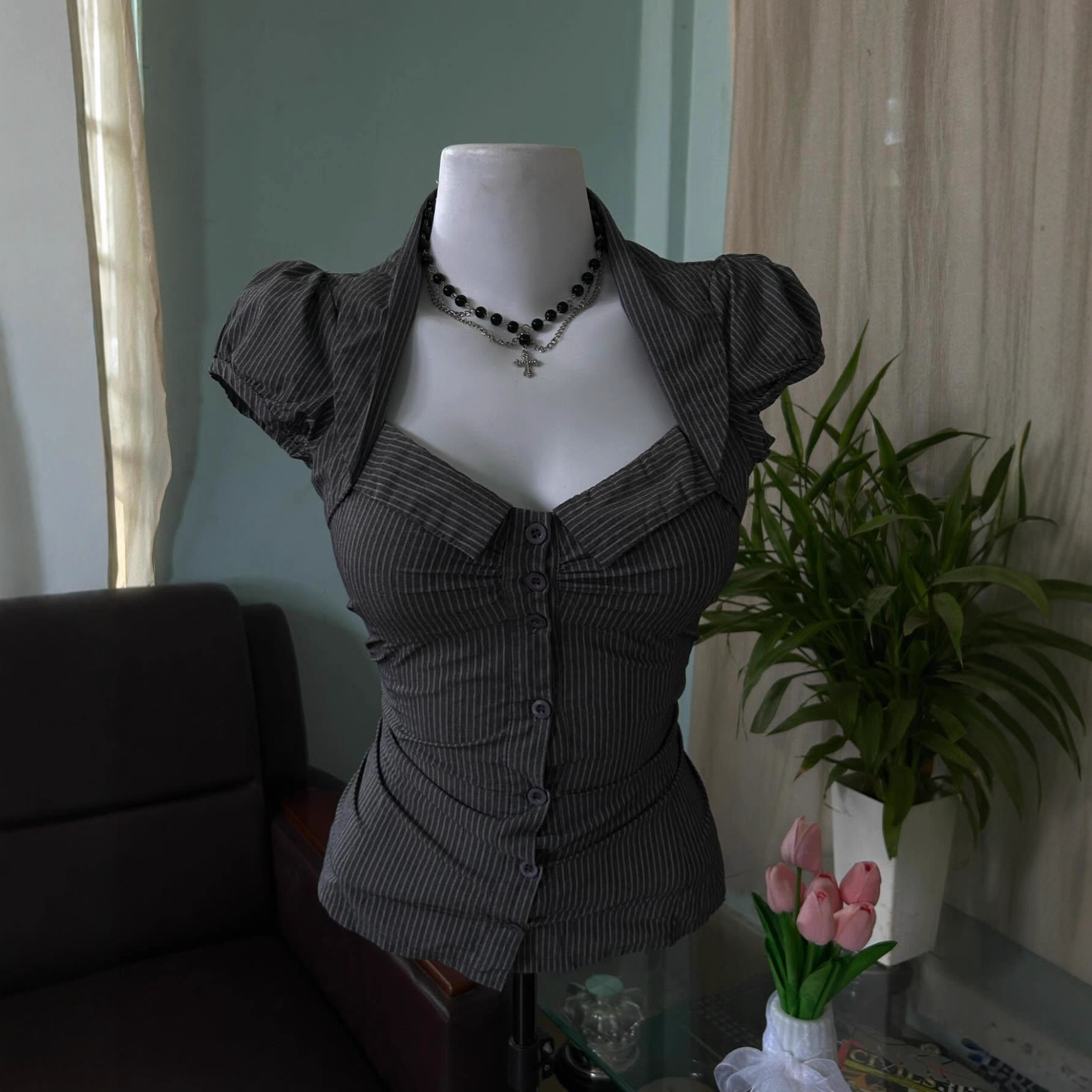 Womens Retro Striped Sleeveless Shirt - Image 4