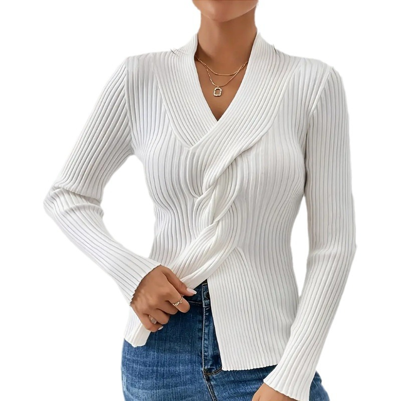 Solid Color V-Neck Long Sleeve Slim Fit Knit Sweater - Image 2