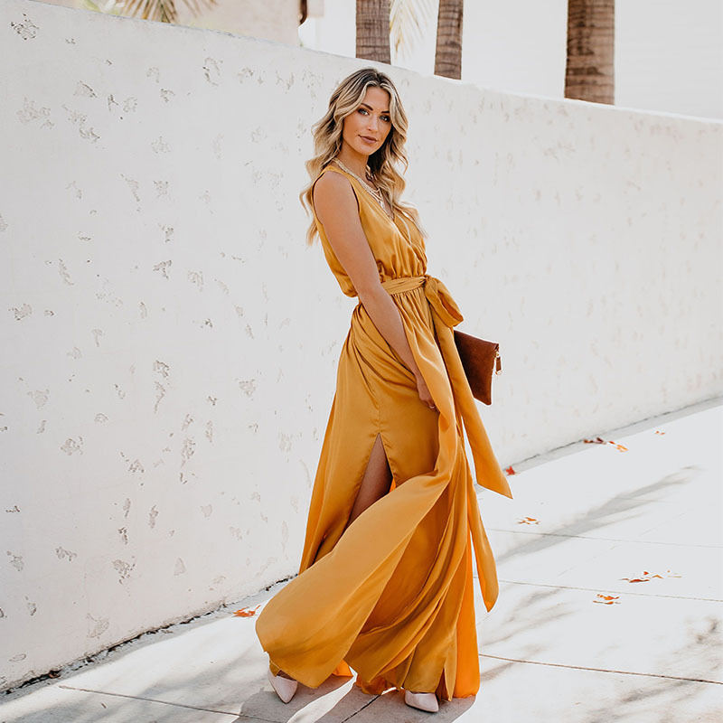 Cross-Border Plus-Size Women's New Bohemian Style Solid Color V-Neck Sleeveless High-Slit Plus-Size Long Dress - Image 5