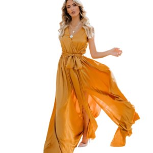 Cross-Border Plus-Size Women's New Bohemian Style Solid Color V-Neck Sleeveless High-Slit Plus-Size Long Dress