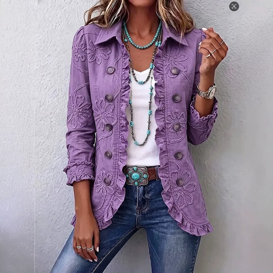 Double-breasted Ruffled Slim-fit Digital Printed Jacket - Image 7