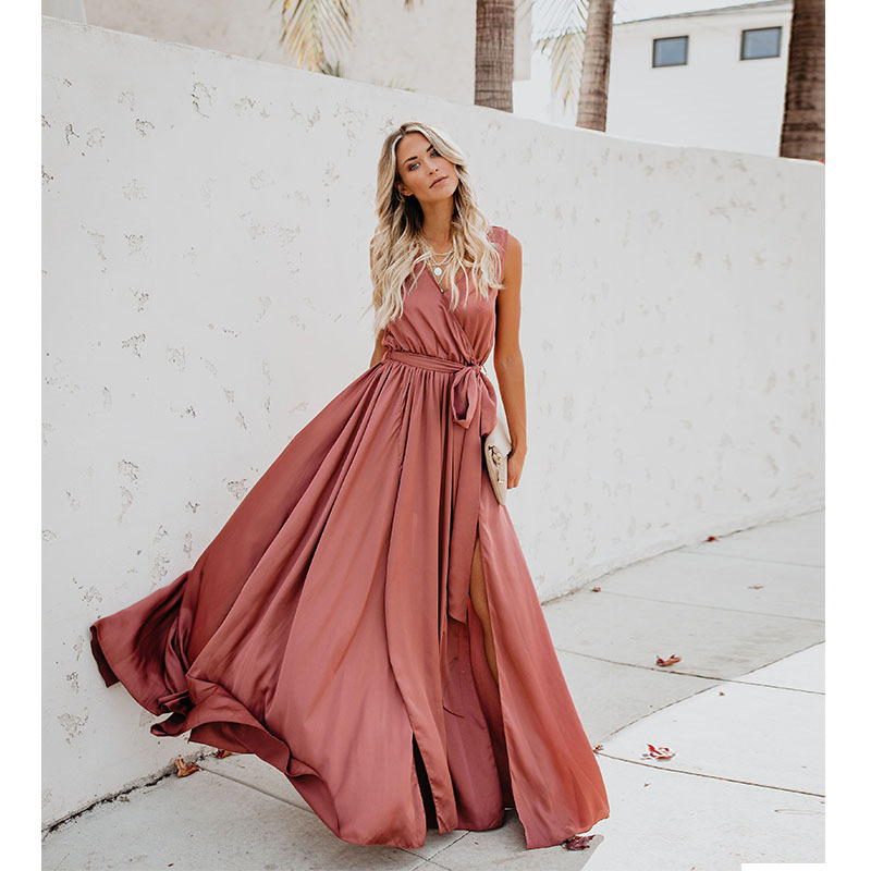 Cross-Border Plus-Size Women's New Bohemian Style Solid Color V-Neck Sleeveless High-Slit Plus-Size Long Dress - Image 4