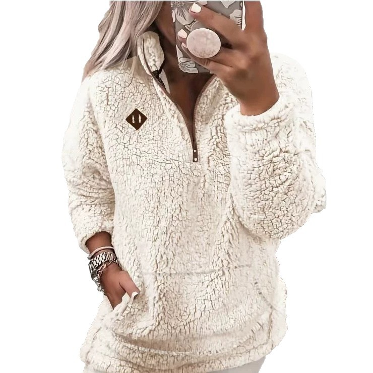 Women's Solid Color Fleece Half-Zip Pullover Sweatshirt with Pockets - Image 3
