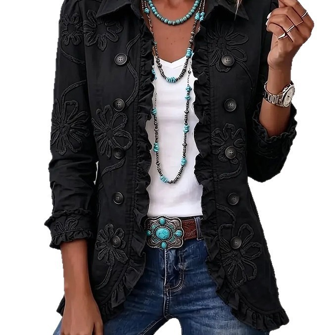 Double-breasted Ruffled Slim-fit Digital Printed Jacket - Image 10