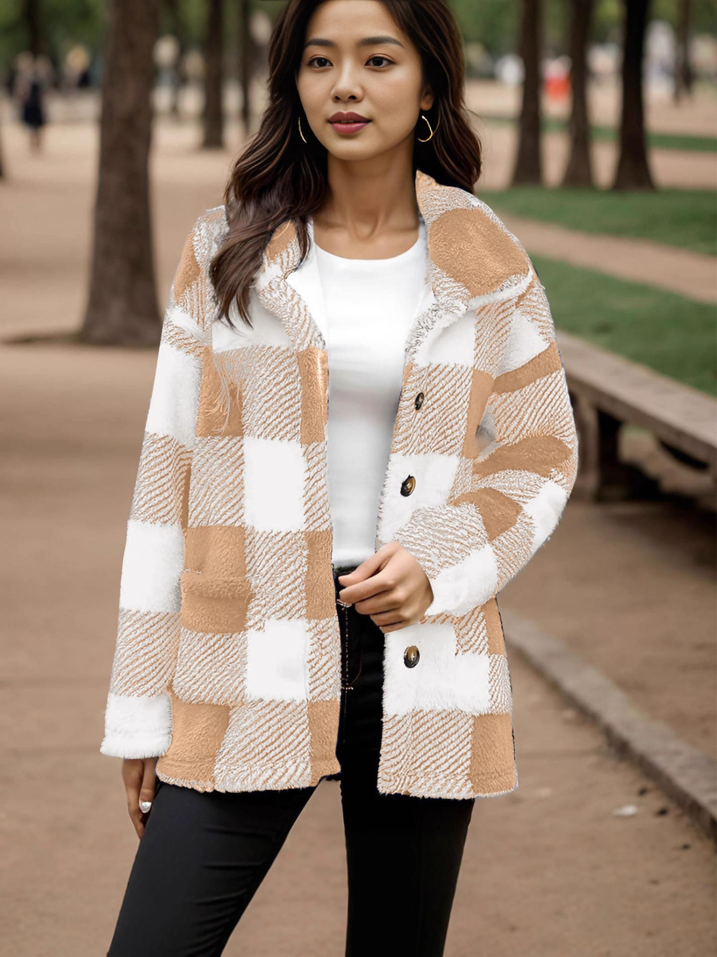 Women's Plaid Plush Coat With Pockets And Buttons - Image 8