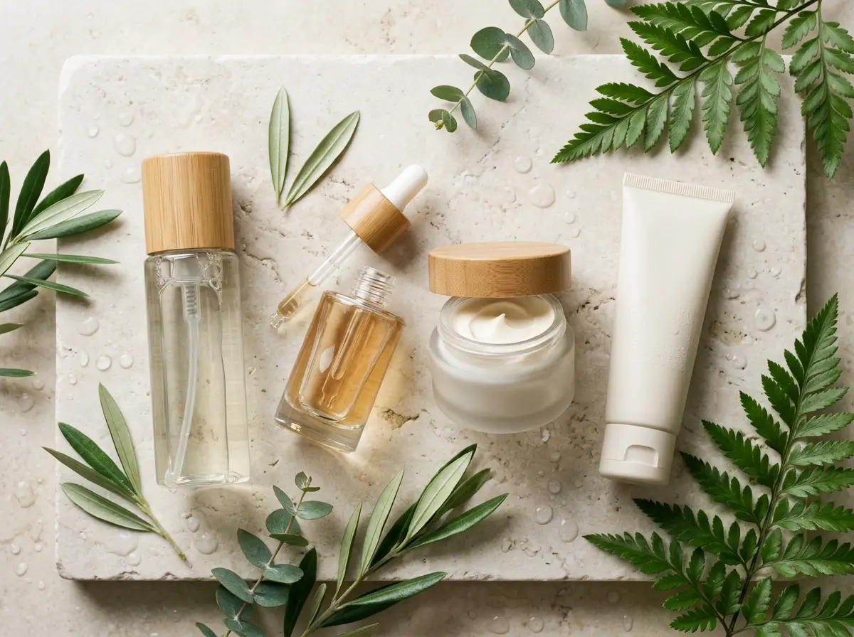 Natural skincare bottles, serum, cream, and cleanser surrounded by green leaves