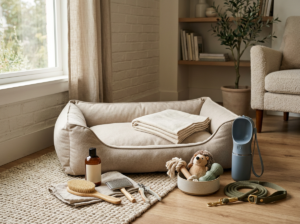 Cozy pet bed surrounded by grooming tools, toys, treats, and leash